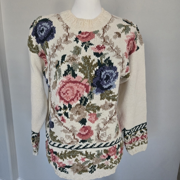 Cottagecore Floral Vintage 90s Grandma Core Rose Knit Crystal Kobe Sweater Sz S - Picture 1 of 11
